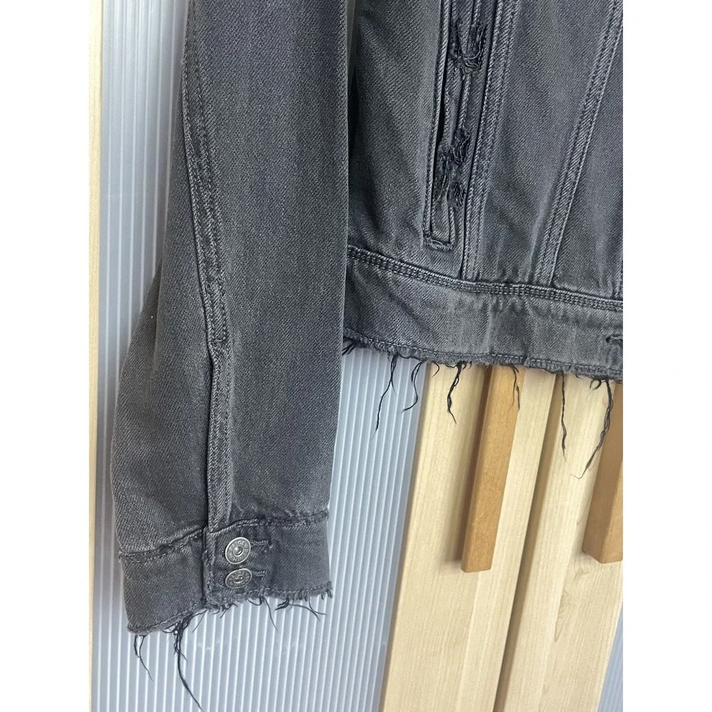 Paige Denim Jacket Black Frayed Hem Distressed Sz S Goth Streetwear Moto‎ Rock